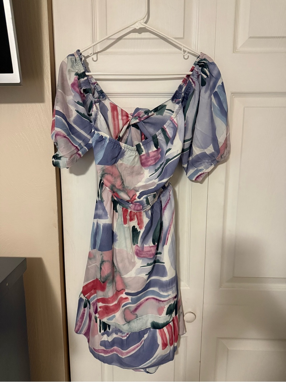 Abstract Floral Tie-Back Mini Dress in Lavender and Pink